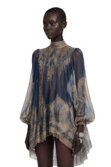 Bertille Blue Baroque Print High Neck Mini Dress