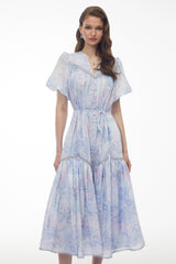Beryl Blue Floral Print Ruched Midi Dress
