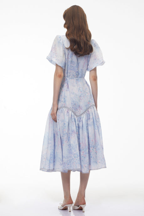 Beryl Blue Floral Print Ruched Midi Dress