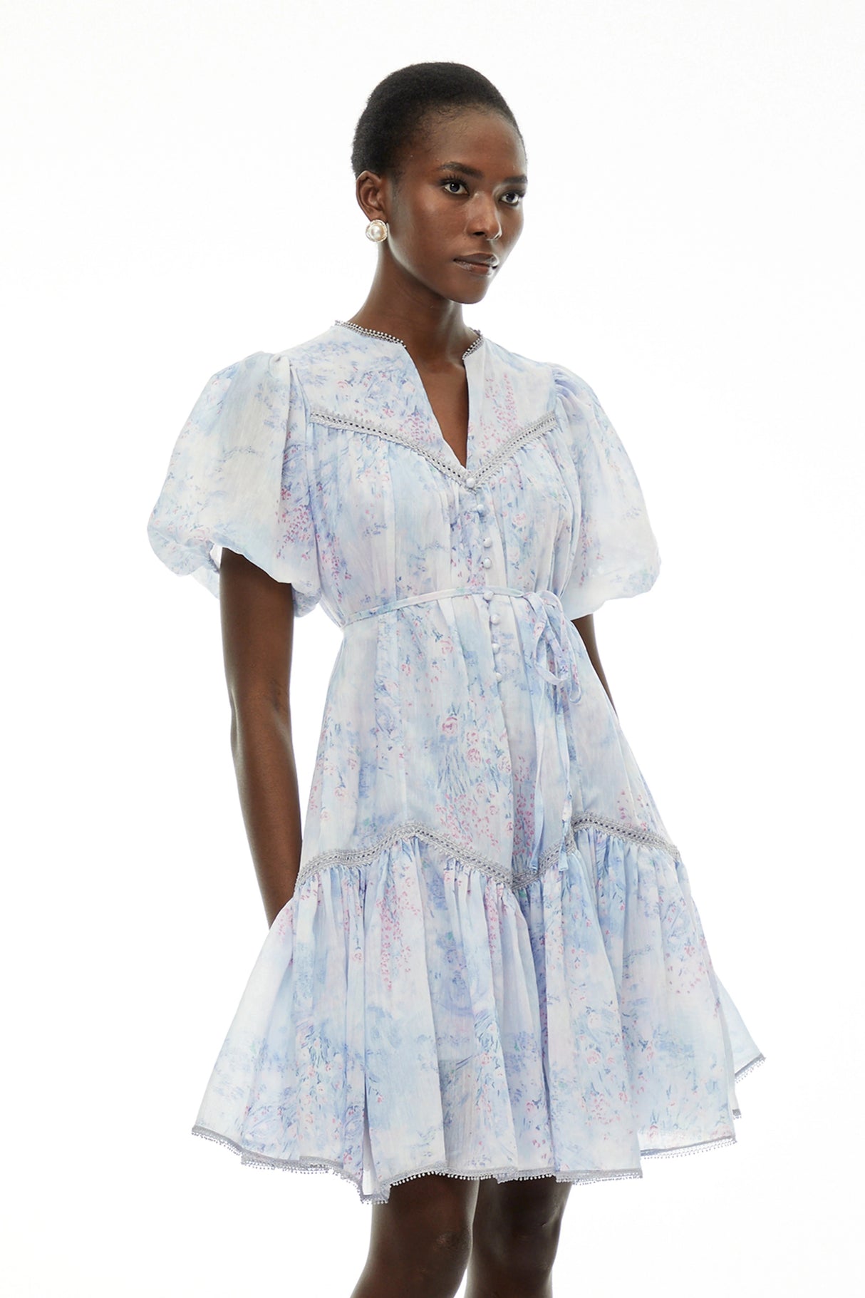 Beryl Blue Floral Print Ruched Mini Dress