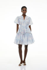 Beryl Blue Floral Print Ruched Mini Dress