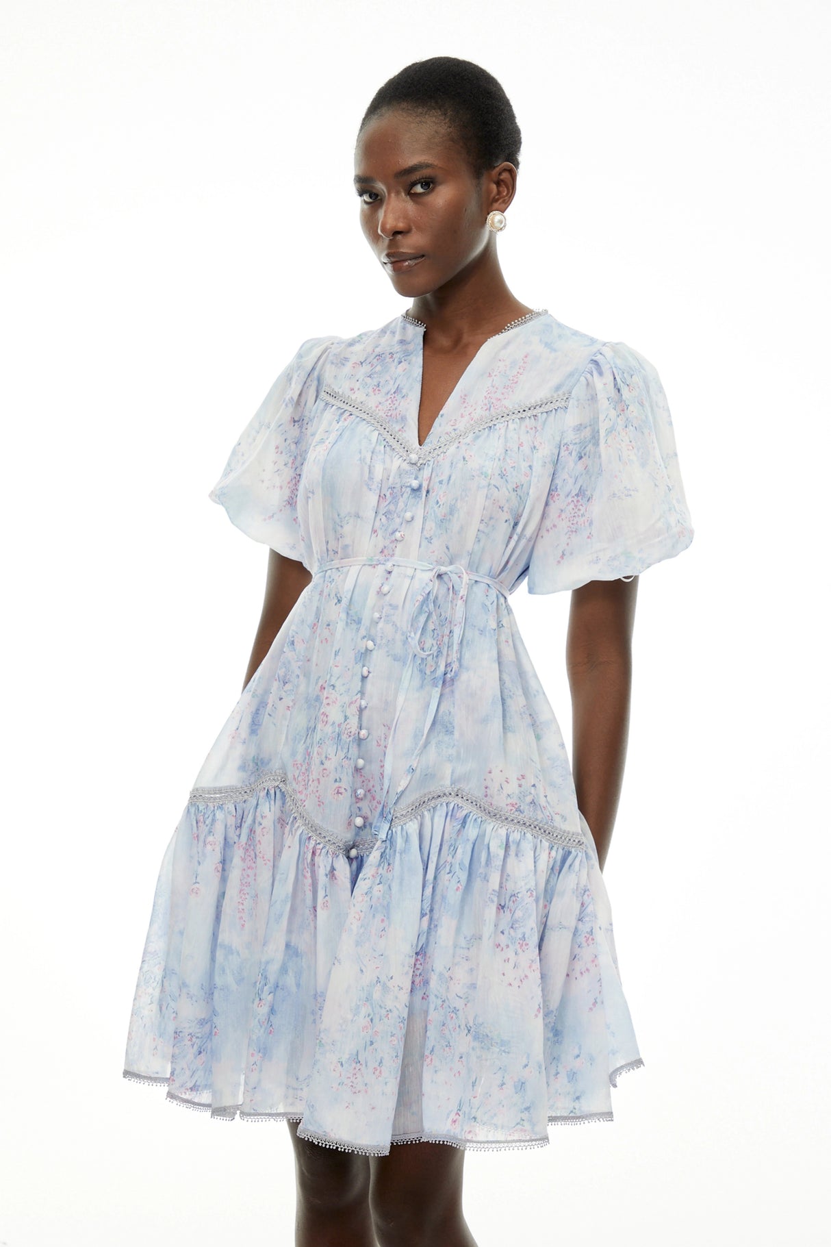 Beryl Blue Floral Print Ruched Mini Dress