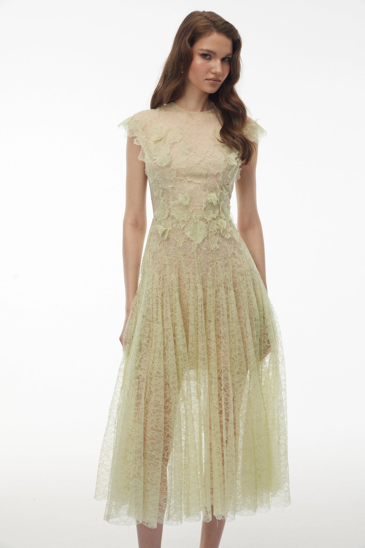 Béryl Green Floral Lace Midi Dress