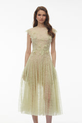 Béryl Green Floral Lace Midi Dress