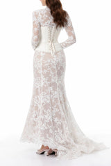 Bethany White Asymmetrical Lace Maxi Dress