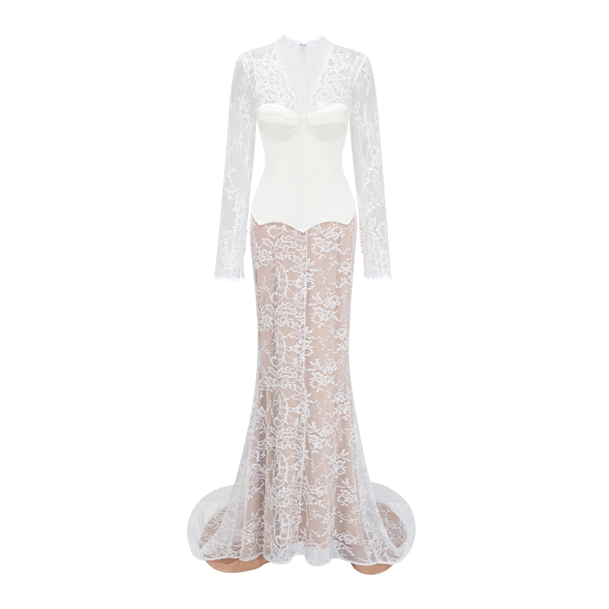Bethany White Asymmetrical Lace Maxi Dress