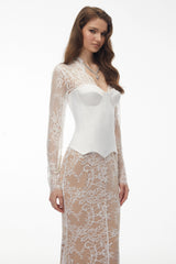 Bethany White Asymmetrical Lace Maxi Dress