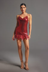 Bettina Red Sequin Mini Dress with Fringe Hemline and V-Neckline