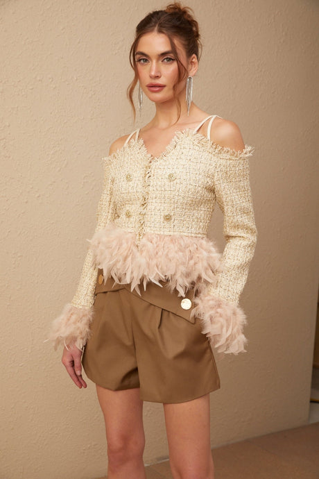 Bettina Tweed Cropped Top – Off Shoulder – Feather Trim – Metallic Thread – Frayed Edge