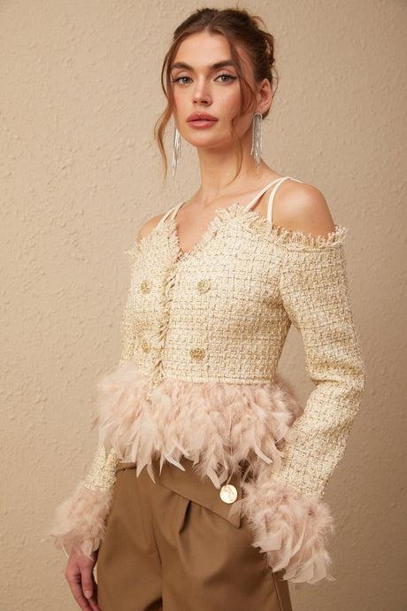 Bettina Tweed Cropped Top – Off Shoulder – Feather Trim – Metallic Thread – Frayed Edge