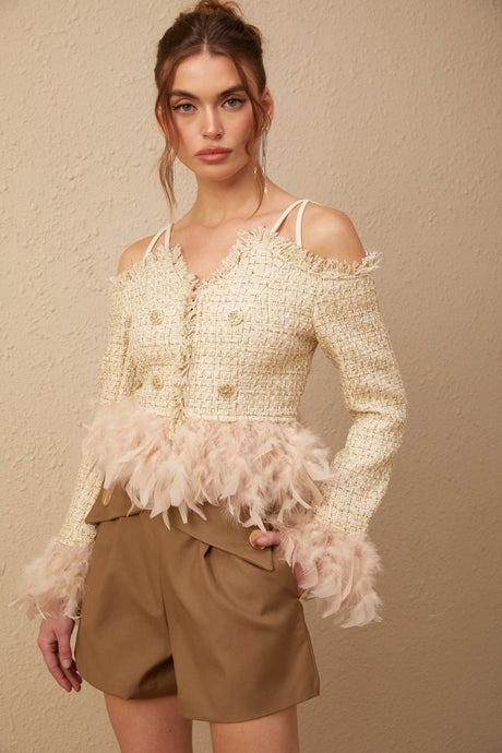 Bettina Tweed Cropped Top – Off Shoulder – Feather Trim – Metallic Thread – Frayed Edge
