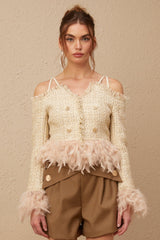 Bettina Tweed Cropped Top – Off Shoulder – Feather Trim – Metallic Thread – Frayed Edge