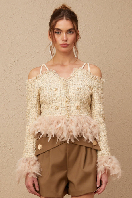 Bettina Tweed Cropped Top – Off Shoulder – Feather Trim – Metallic Thread – Frayed Edge
