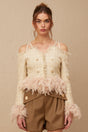 Bettina Tweed Cropped Top – Off Shoulder – Feather Trim – Metallic Thread – Frayed Edge