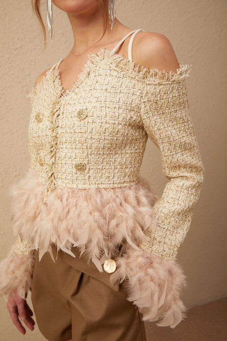 Bettina Tweed Cropped Top – Off Shoulder – Feather Trim – Metallic Thread – Frayed Edge
