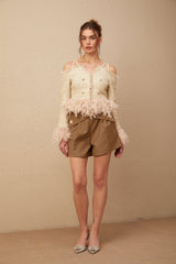 Bettina Tweed Cropped Top – Off Shoulder – Feather Trim – Metallic Thread – Frayed Edge