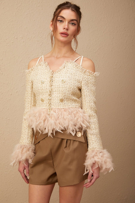 Bettina Tweed Cropped Top – Off Shoulder – Feather Trim – Metallic Thread – Frayed Edge