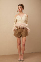 Bettina Tweed Cropped Top – Off Shoulder – Feather Trim – Metallic Thread – Frayed Edge