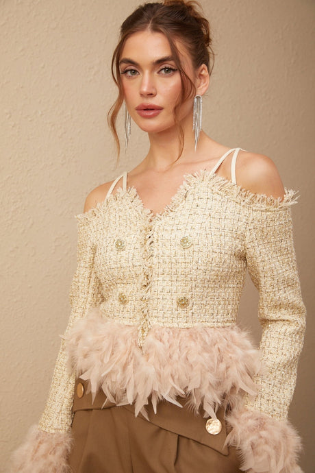 Bettina Tweed Cropped Top – Off Shoulder – Feather Trim – Metallic Thread – Frayed Edge