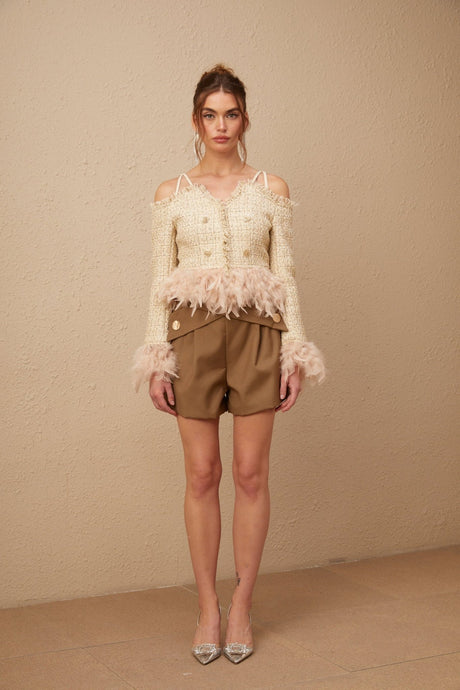 Bettina Tweed Cropped Top – Off Shoulder – Feather Trim – Metallic Thread – Frayed Edge