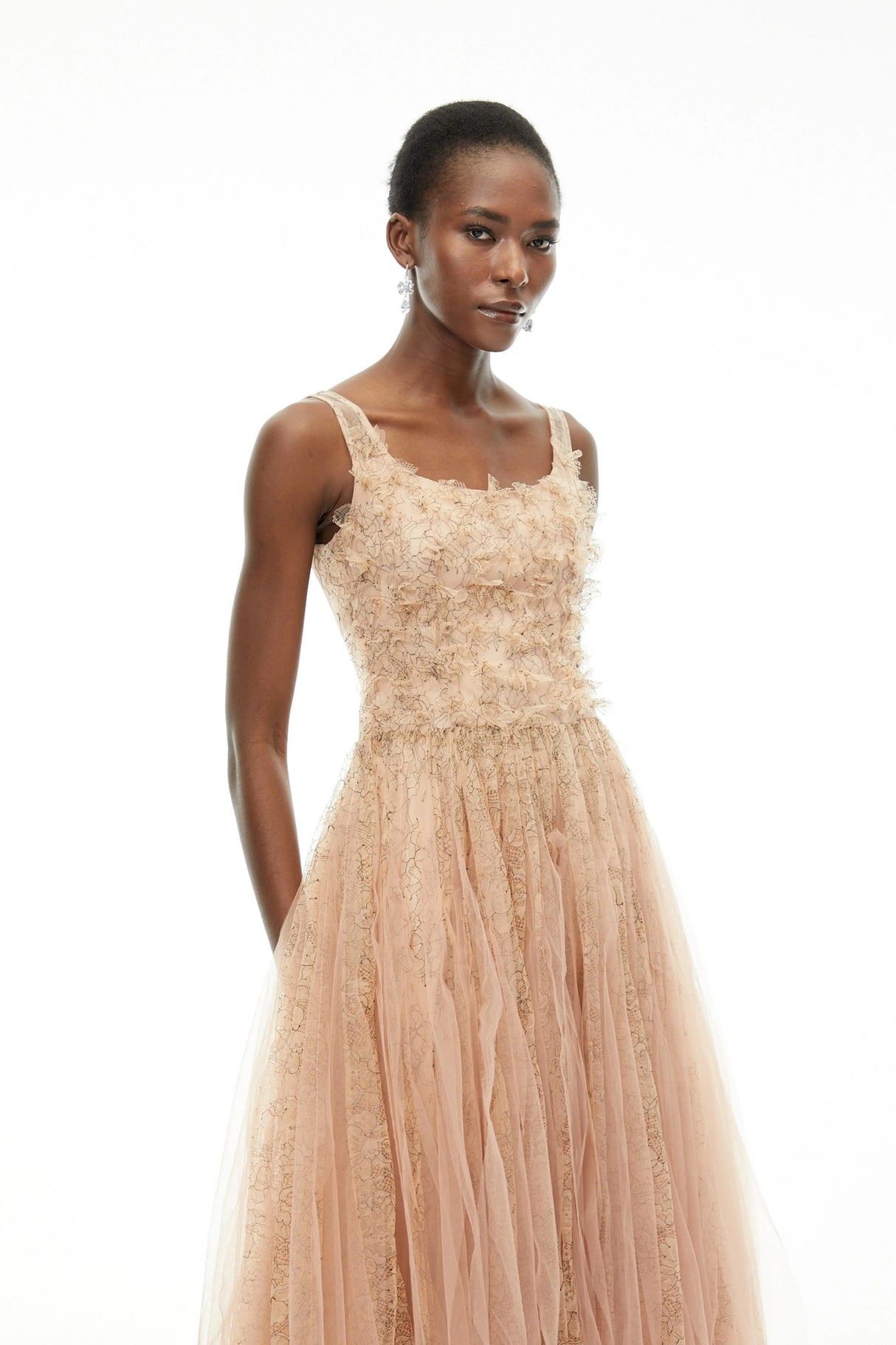 Bianca Beige Square Neck Mesh Midi Dress with 3D Florals