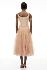 Bianca Beige Square Neck Mesh Midi Dress with 3D Florals