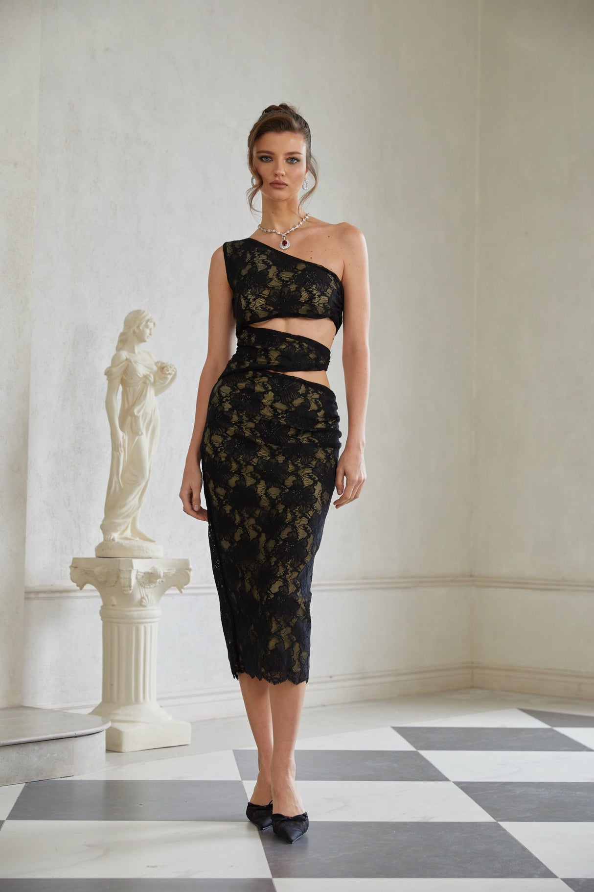 Bianca Black Cut Out Floral Lace Midi Dress