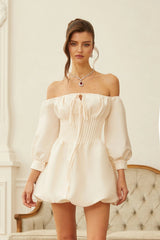 Bianca White Off Shoulder Pleated Panel Mini Dress