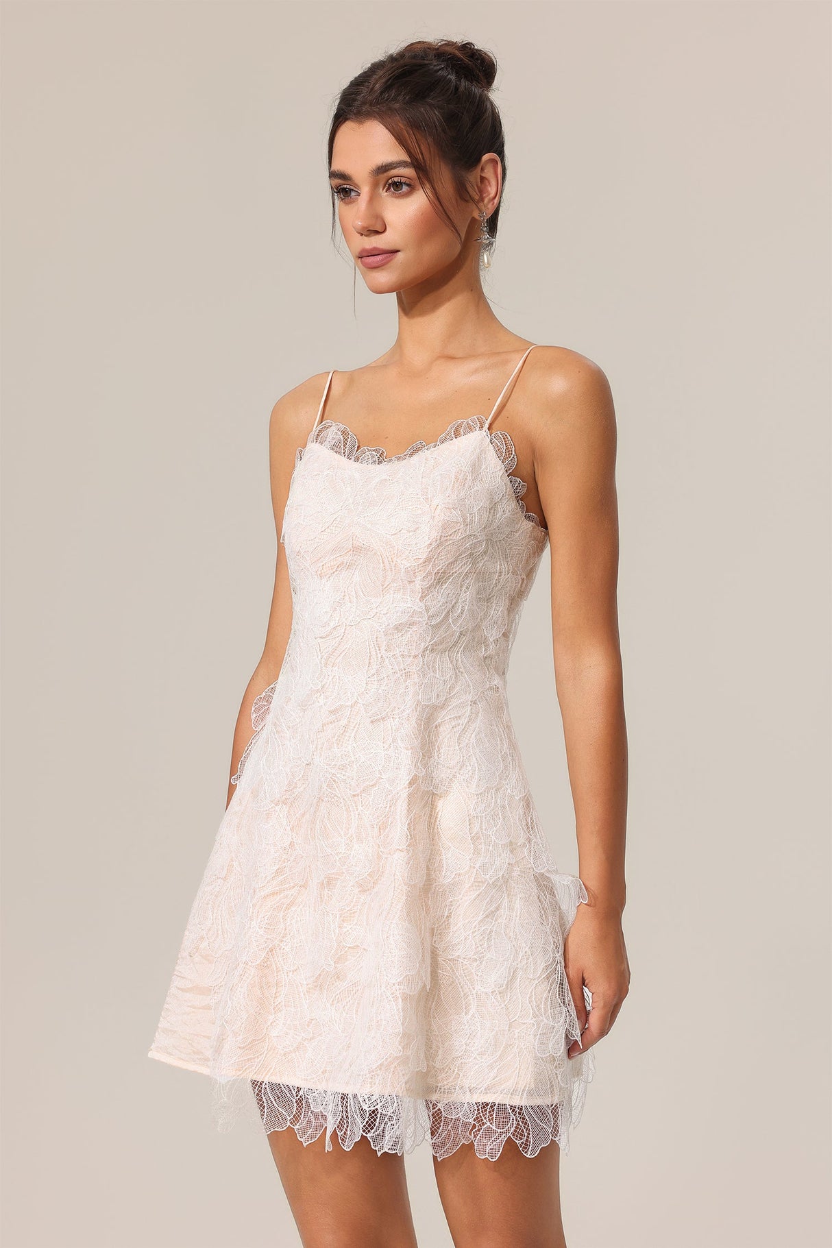 Biancamaria Beige Lace Floral Halter Mini Dress