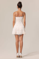 Biancamaria Beige Lace Floral Halter Mini Dress