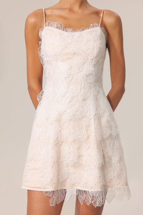 Biancamaria Beige Lace Floral Halter Mini Dress