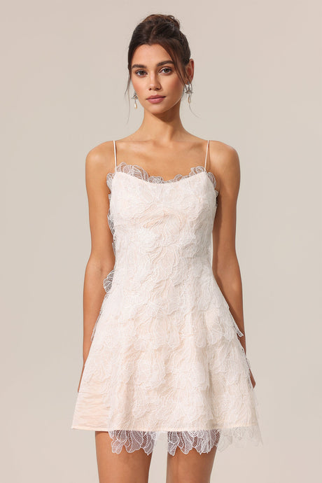 Biancamaria Beige Lace Halter Mini Dress Floral Patterns Slim Straps Flowy Silhouette Hemline Detailing Versatile Elegant Allure Evening Formal Celebratory Occasion