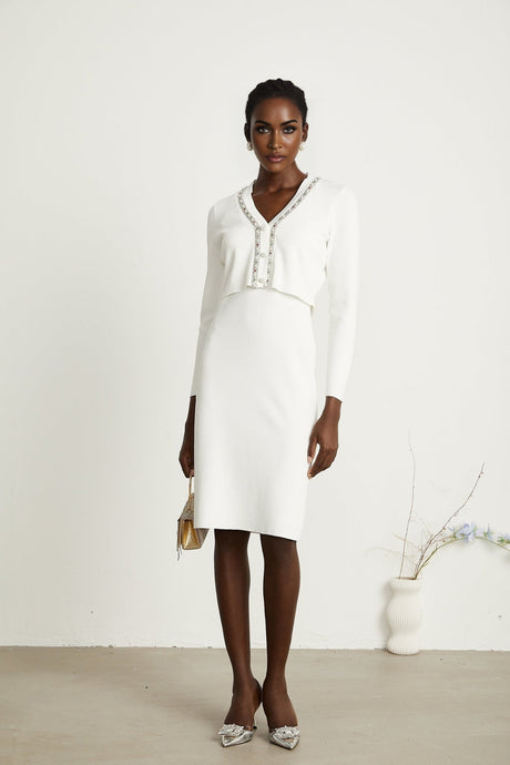 Biancamaria Cardigan & Dress - V Neck - Beaded Embellishment - Knitted Construction - Midi Length