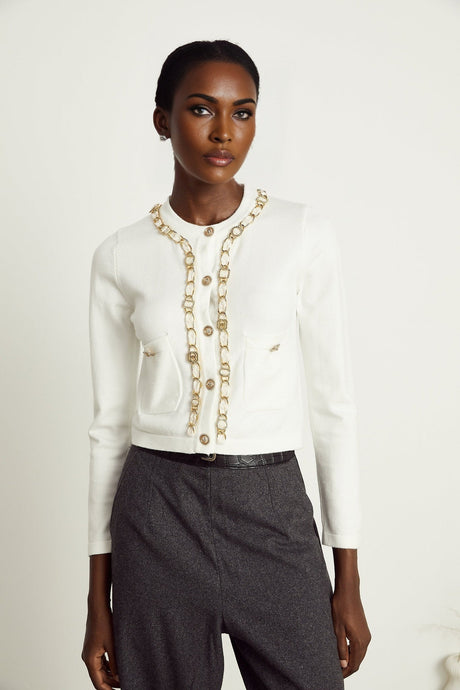 Biancamaria Knitted Cardigan - Chain - link Trim - Long Sleeves - Patch Pockets - Decorative Buttons