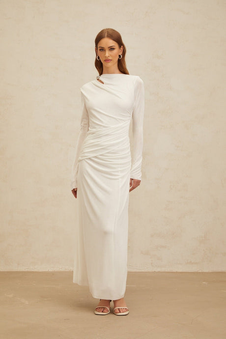Biancamaria Maxi Dress - White - Side Draping - Cut - Out Detail