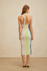 Biancamaria Midi Dress - Sleeveless Halterneck - Pleated Stripe Pattern - Sequin Embellishment - Metallic Detail - Rear Tie Fastening