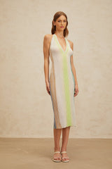 Biancamaria Midi Dress - Sleeveless Halterneck - Pleated Stripe Pattern - Sequin Embellishment - Metallic Detail - Rear Tie Fastening