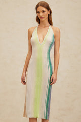 Biancamaria Midi Dress - Sleeveless Halterneck - Pleated Stripe Pattern - Sequin Embellishment - Metallic Detail - Rear Tie Fastening