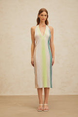 Biancamaria Midi Dress - Sleeveless Halterneck - Pleated Stripe Pattern - Sequin Embellishment - Metallic Detail - Rear Tie Fastening