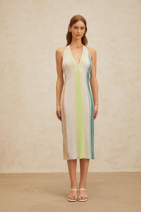 Biancamaria Midi Dress - Sleeveless Halterneck - Pleated Stripe Pattern - Sequin Embellishment - Metallic Detail - Rear Tie Fastening