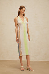 Biancamaria Midi Dress - Sleeveless Halterneck - Pleated Stripe Pattern - Sequin Embellishment - Metallic Detail - Rear Tie Fastening