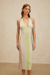 Biancamaria Midi Dress - Sleeveless Halterneck - Pleated Stripe Pattern - Sequin Embellishment - Metallic Detail - Rear Tie Fastening