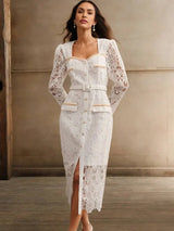 Biancamaria Midi Dress - Sweetheart Neckline - High Waist - Elegant Style - Belted Split - Lace Material