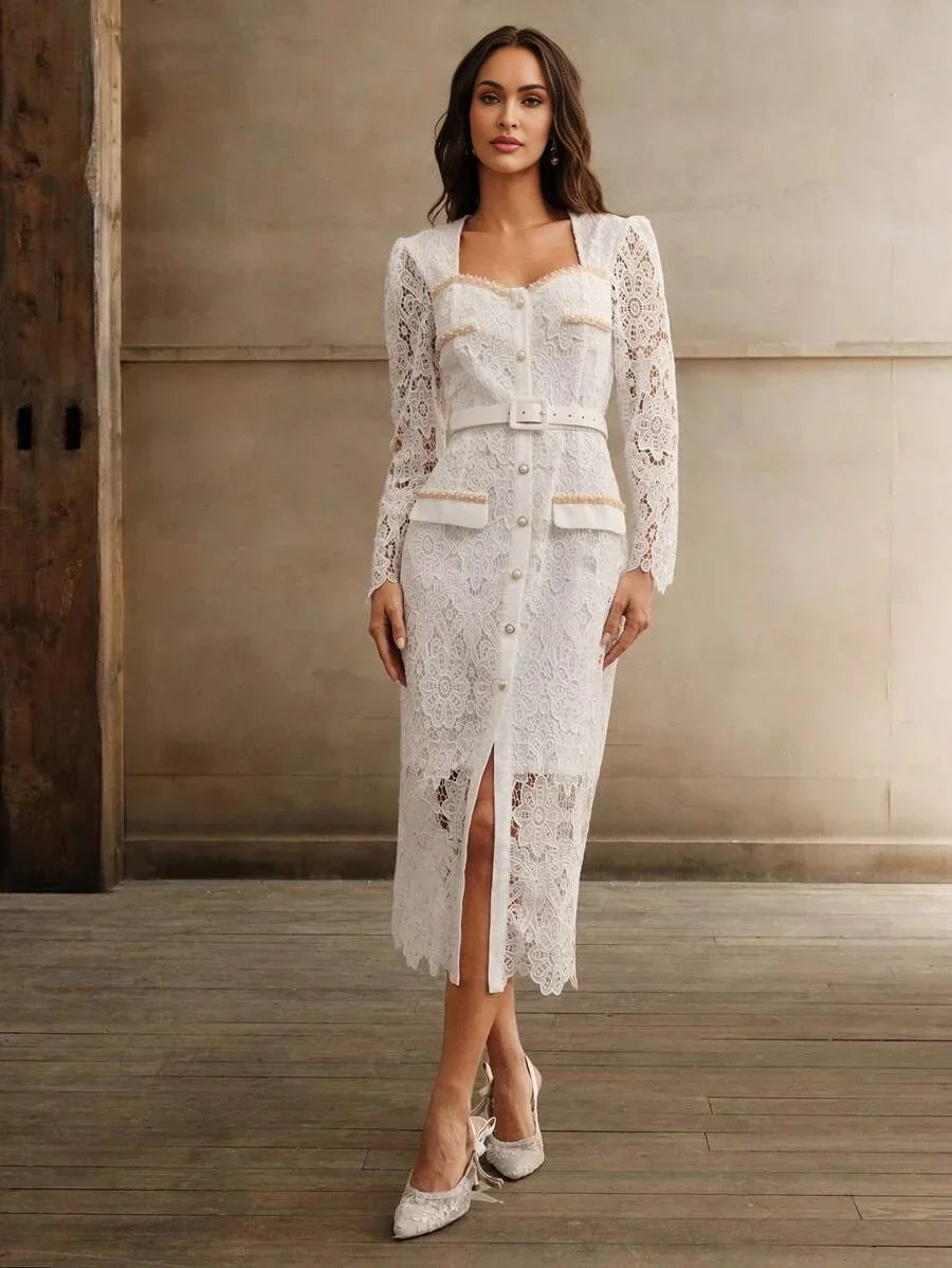 Biancamaria Midi Dress - Sweetheart Neckline - High Waist - Elegant Style - Belted Split - Lace Material