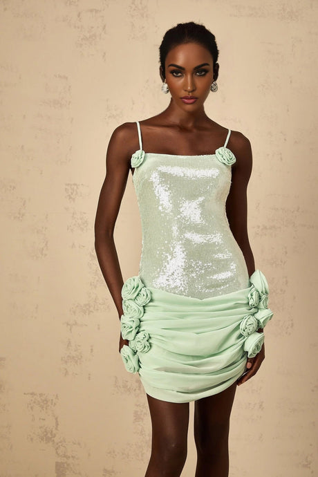 Biancamaria Mini Dress Green Sequin Floral & Tie - Back