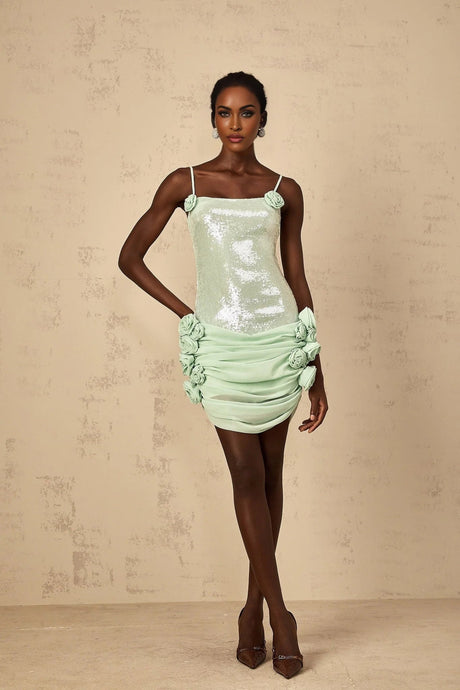 Biancamaria Mini Dress Green Sequin Floral & Tie - Back