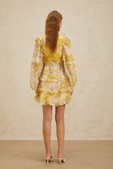 Biancamaria Mini Dress - V - Neck - Long Puff Sleeves - Cinched Waist - Graphic Print - Ruffled Trim