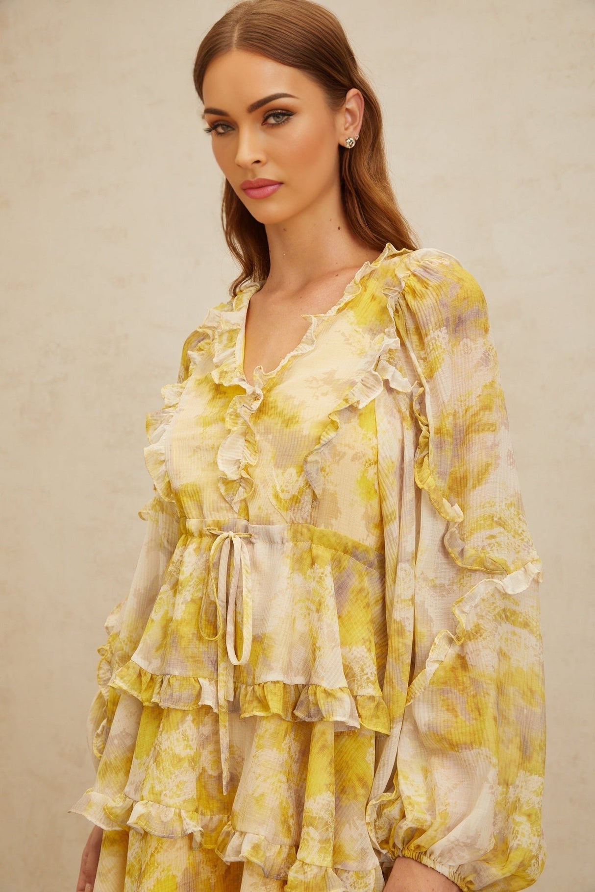 Biancamaria Mini Dress - V - Neck - Long Puff Sleeves - Cinched Waist - Graphic Print - Ruffled Trim