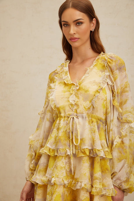 Biancamaria Mini Dress - V - Neck - Long Puff Sleeves - Cinched Waist - Graphic Print - Ruffled Trim