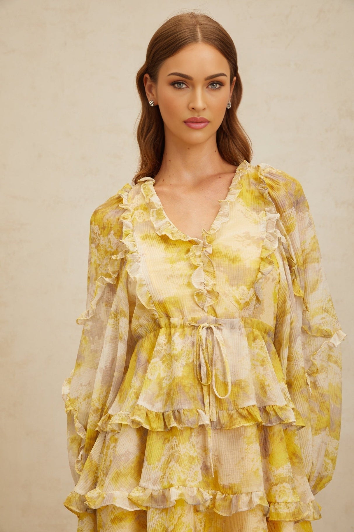 Biancamaria Mini Dress - V - Neck - Long Puff Sleeves - Cinched Waist - Graphic Print - Ruffled Trim